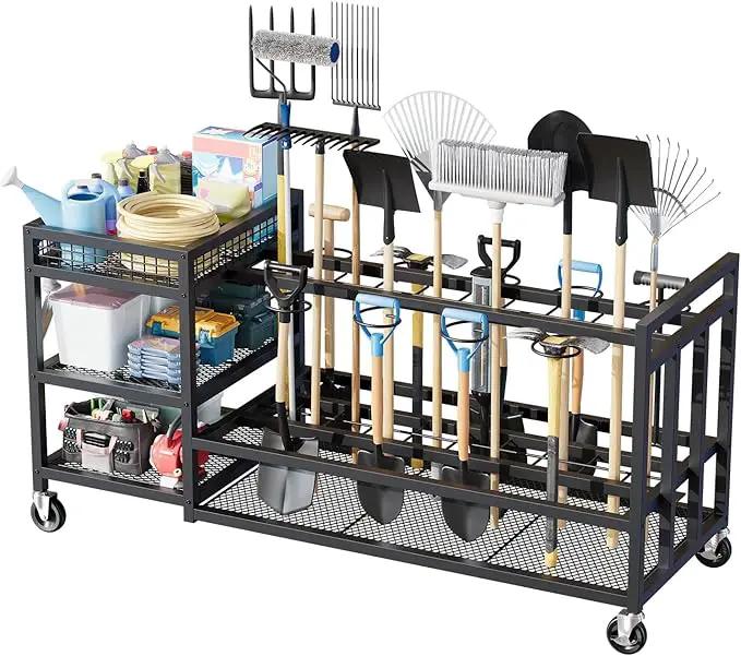 Garden Tool Organizer with Wheels-Movable Garden Tool Rack with Storage Hooks for Long-Handled Tools/Rakes/Brooms/Shovels,Heavy Duty Metal Garden Tool Storage for Garage,Shed,Garden,Black by GreenHaven Gardens