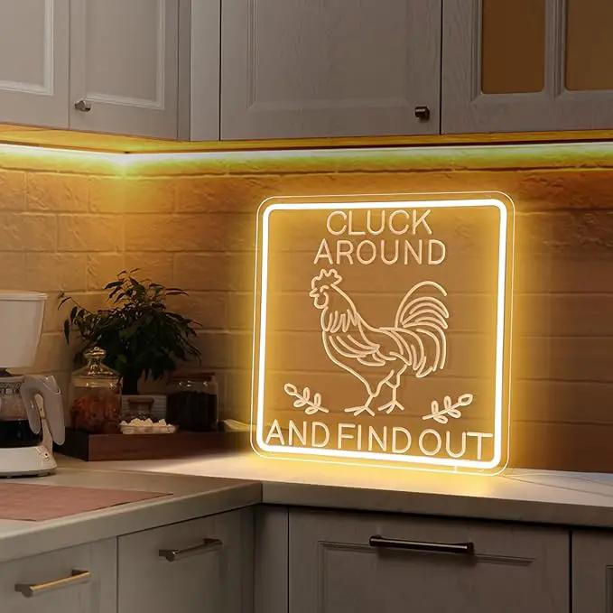Funny Cluck Around and Find Out Large Neon Sign Dimmable, Rooster Decor 16 X 16 Inch Kitchen Decor for Farmhouse, Chicken Coop, Garden, Farm House Decoration, Rooster Gifts by GreenHaven Gardens