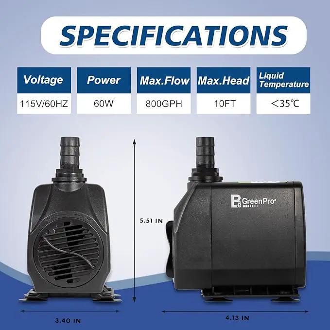 Submersible Water Pump, 800GPH 60W Ultra Quiet Fountain Pump (3000L/H), with 4 Nozzles 10ft High Lift for Aquarium, Fish Tank, Pond, Waterfall, Outdoor, Statuary, Hydroponics by GreenHaven Gardens