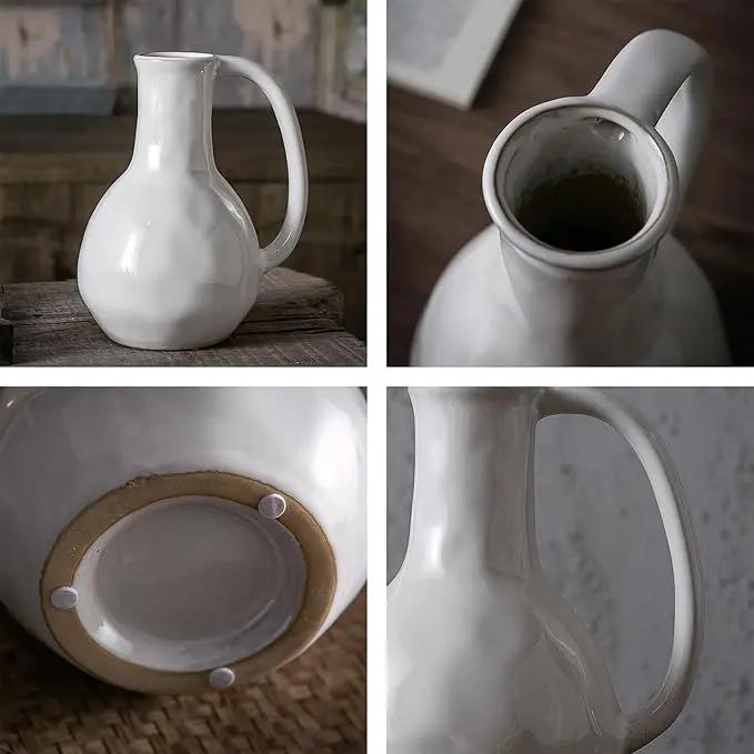 White Ceramic Vase with Big Handles, Modern Farmhouse Decor, Rustic Pottery for Flowers, Decorative Terracotta Centerpiece for Dining Table by GreenHaven Gardens