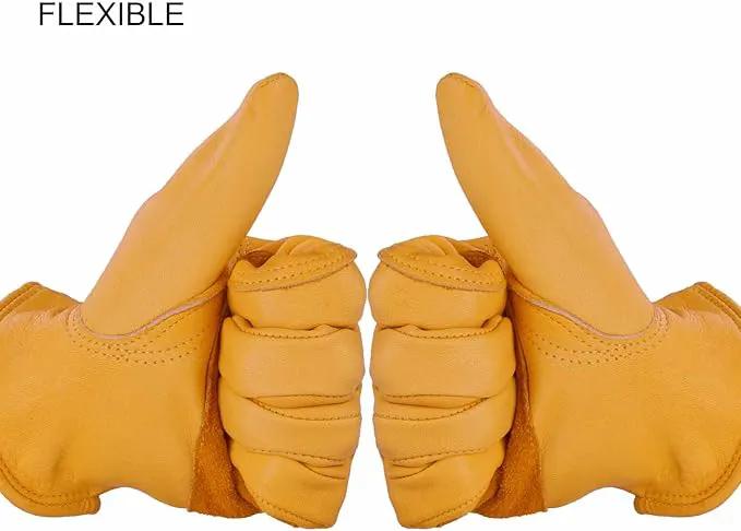 OZERO Leather Work Gloves Flex Grip Stretchable Tough Cowhide Work Gloves 1 Pair (Gold, Medium) by GreenHaven Gardens