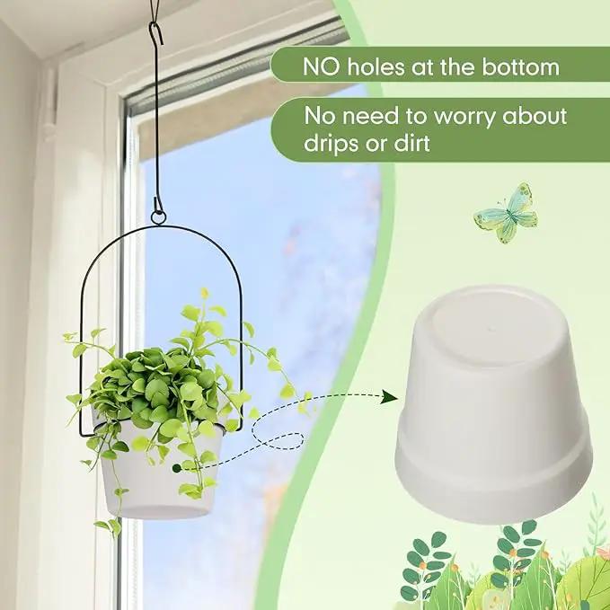 Hushee 6 Packs Metal Hanging Planters for Outdoor Indoor Plants Plant Hanger with 6.3'' Plastic Pots Hanging Planter Basket for Garden Home Porch Decor (White) by GreenHaven Gardens