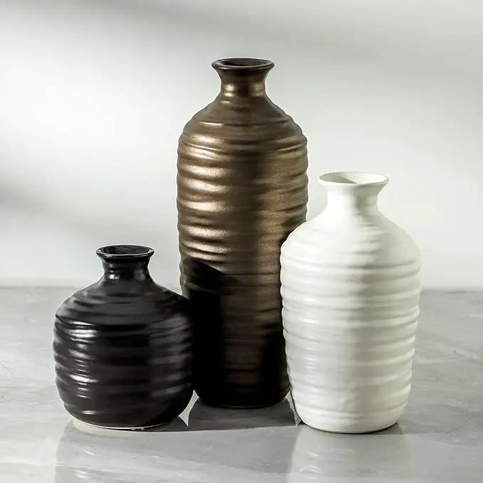 Ceramic Vase Set of 3 Neutral Decorative Vase for Farmhouse, Boho, or Rustic Home Decor Pottery Vases for Living Room Bathroom Table Mantel Fireplace Entryway Shelf (01-Metallic) by GreenHaven Gardens