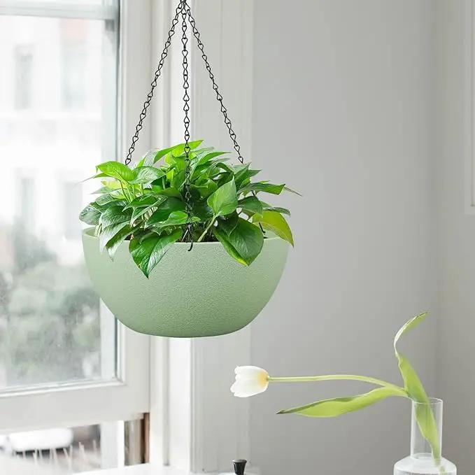 10 inch Hanging Planters for Outdoor Indoor Plants with Drainage Holes and Chain, 2 Pack Round Hanging Flower Pots for Garden Home Porch Decor,Green by GreenHaven Gardens