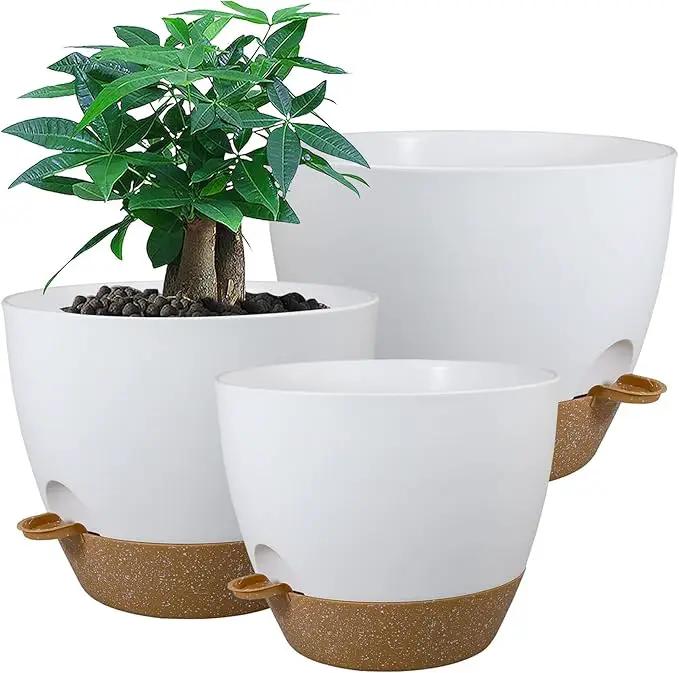 Large Self Watering Pots, 12/10/9 Plastic Planters with High Drainage Holes and Deep Reservoir for Indoor Outdoor Garden Plants and Flowers, White with Brown by GreenHaven Gardens
