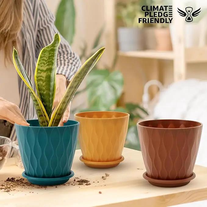 6 inch Plant Pots, 5 Pack Flower Pots Outdoor Indoor, Planters with Drainage Holes and Tray Saucers（Multicolor） by GreenHaven Gardens