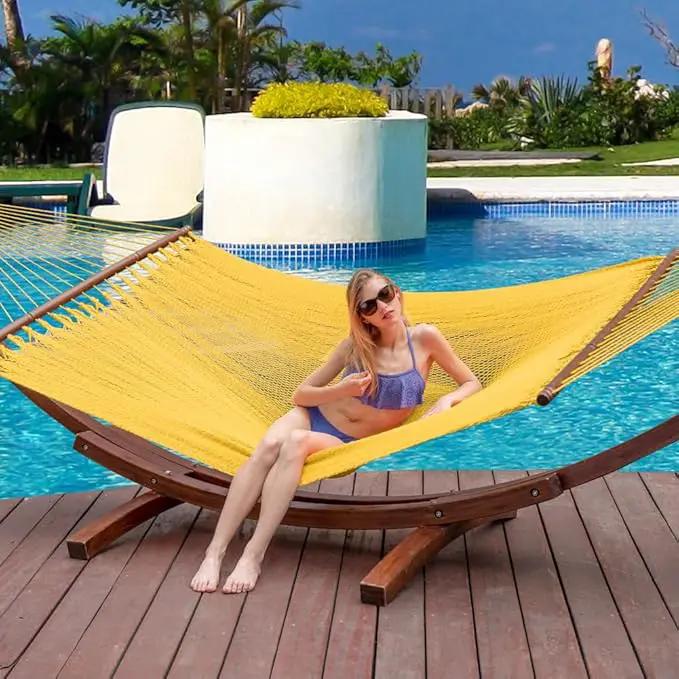 Lazy Daze Hammocks 10.5 FT Double 2 Person Caribbean Rope Hammock, Hand Woven Polyester Hammock with Spreader Bars, for Outside Outdoor Backyard Patio Poolside,450 LBS Capacity, Yellow by GreenHaven Gardens