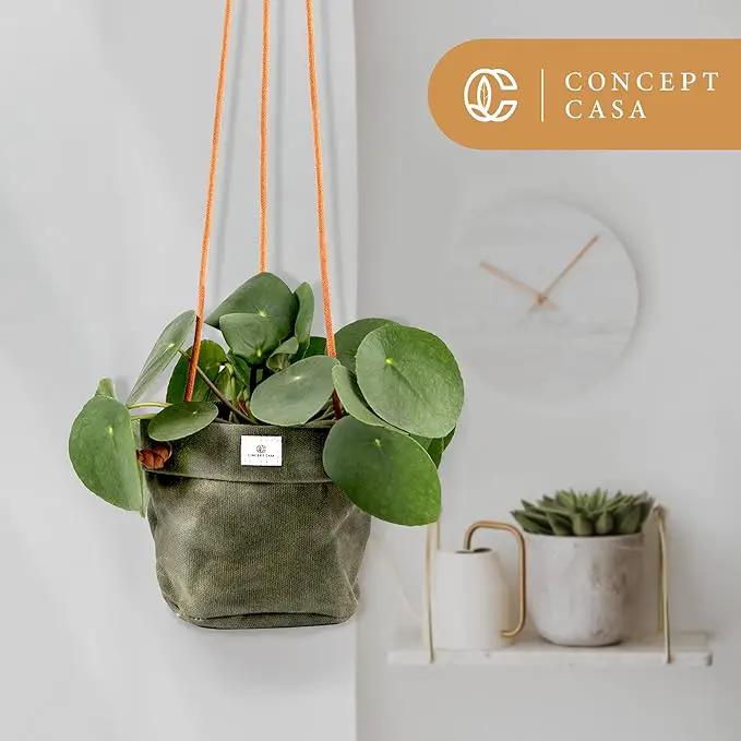 Waxed Canvas Handmade Hanging Planter for Indoor/Outdoor Plants, Hanging Basket Plant Holder Forest Green by GreenHaven Gardens