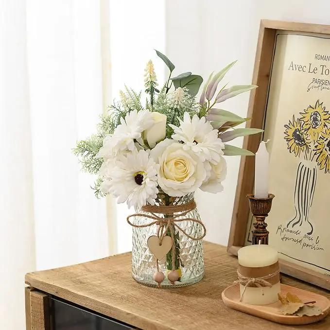 Artificial White Flowers with Vase, Fake Flowers Arrangement for Home Decor, Faux Flowers for Farmhouse Coffee Table Decor, House Kitchen Centerpiece Table Decorations by GreenHaven Gardens
