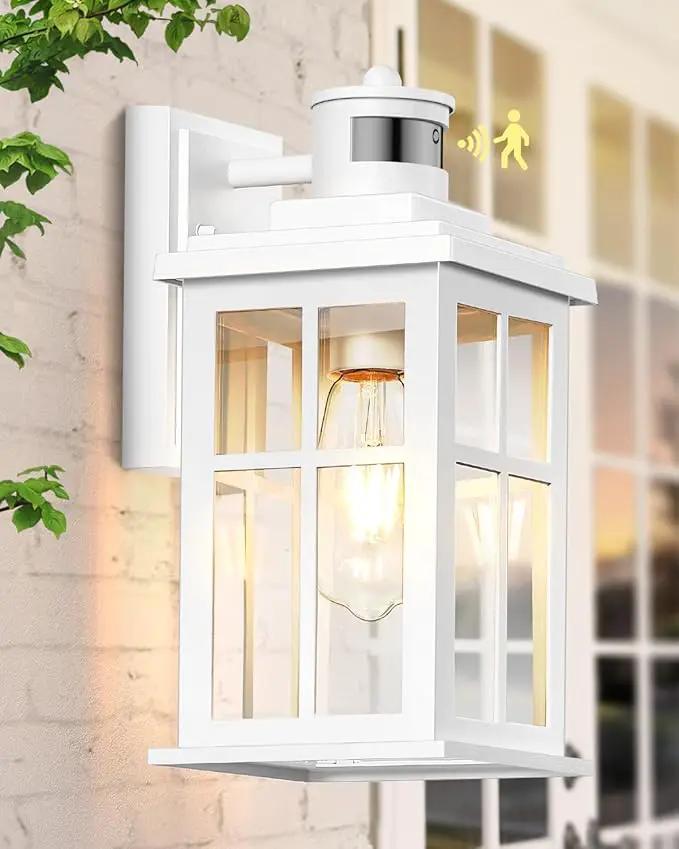 White Outdoor Wall Lights, Motion Sensor Porch Light Outdoor, Dusk to Dawn Outdoor Light Fixtures, Waterproof Outside Lights for House, Garden, Front Porch, Tempered Glass, Anti-Rust by GreenHaven Gardens