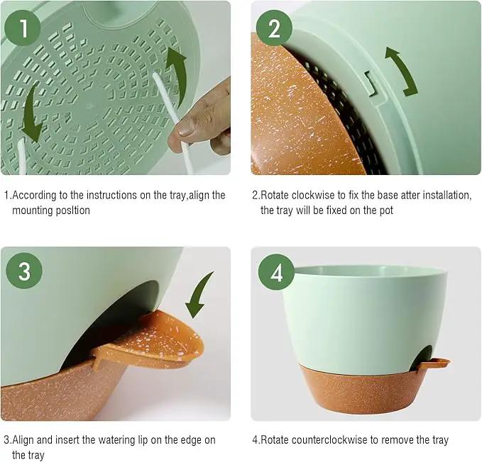 12 inch Large Self Watering Pots, Plastic Planters with 60oZ Removable Deep Reservoir and Multi Mesh Drainage Holes for Indoor Outdoor Garden Plants and Flowers, Green with Brown by GreenHaven Gardens