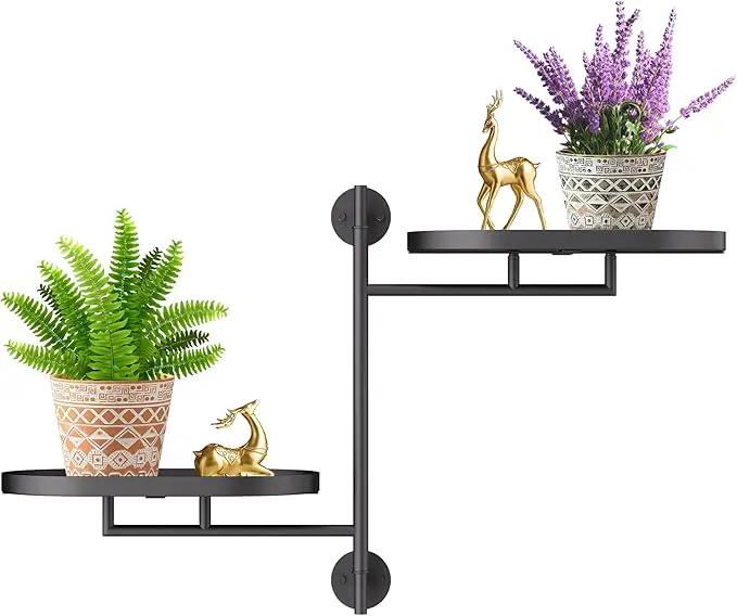 WIndow Rotating Plant Stand Shelf Indoor Black Metal Floating Shelves 2-Tier Wall Mount Plant Holders for Living Room Wall Planter Modern Home Decor for Gardening by GreenHaven Gardens