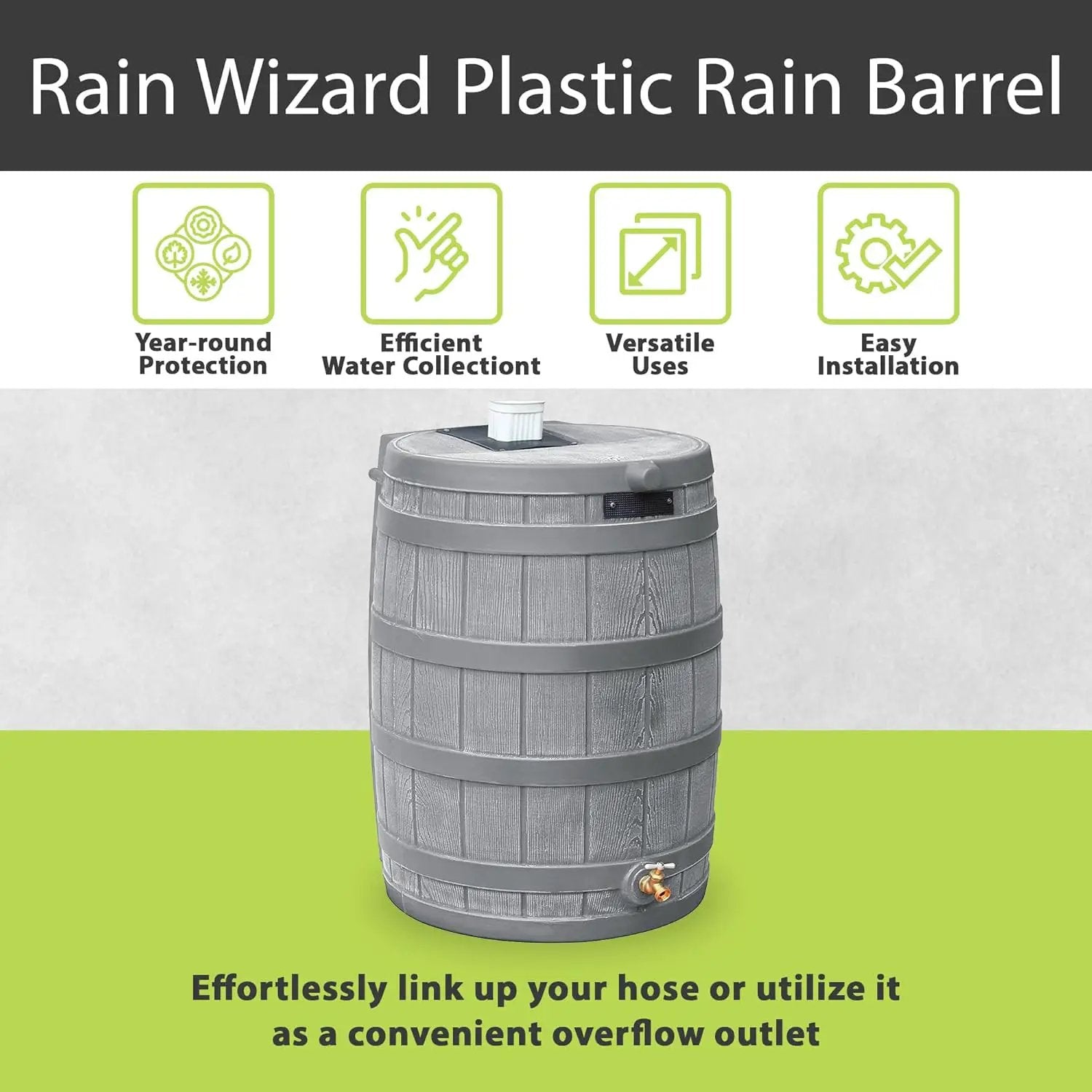 Good Ideas Rain Wizard 50 Gallon Plastic Outdoor Home Water Storage Tank Rain Barrel Collector with Brass Spigot and Flat Back Design, Gray by GreenHaven Gardens