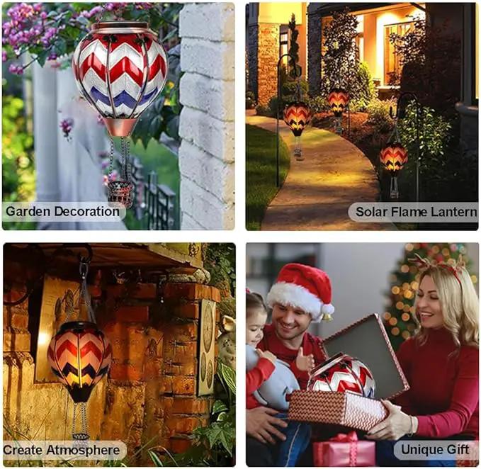 2PC Hot Air Balloon Solar Lantern with 2PC Shepherd Hook, Flickering Flame Hanging Solar Lanterns Outdoor Lights Waterproof Lanterns for Garden Patio Yard Party Decor (Wavy-Gray&Navy&Red) by GreenHaven Gardens