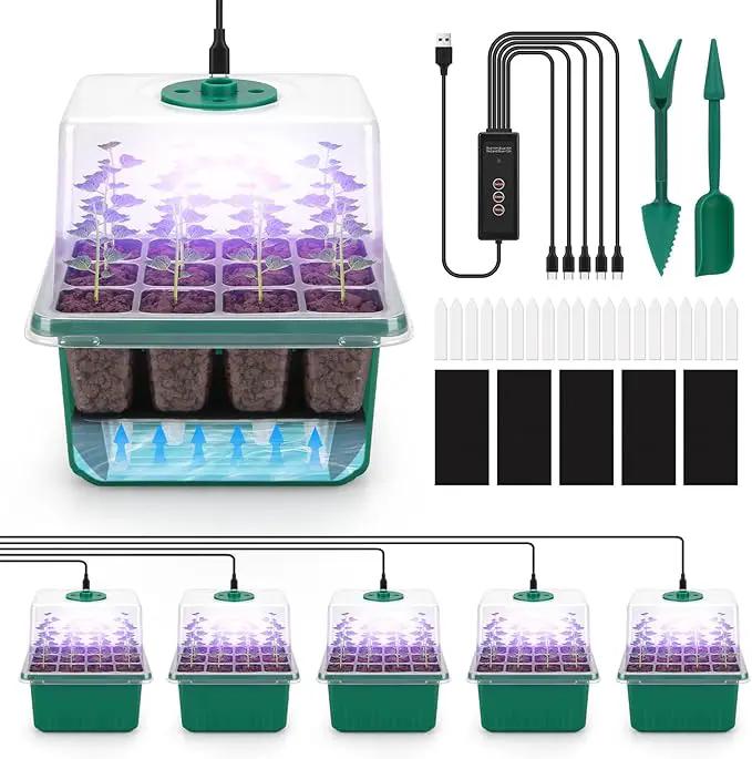 BlumWay Self-Watering Seed Starter Tray Kit with Grow Light and Humidity Dome,3 Color Growing Light,5-Pack 60-Cell Plant Seedling Tray,Reusable Plastic Germination Trays,Timed Light Plant Starter Set by GreenHaven Gardens