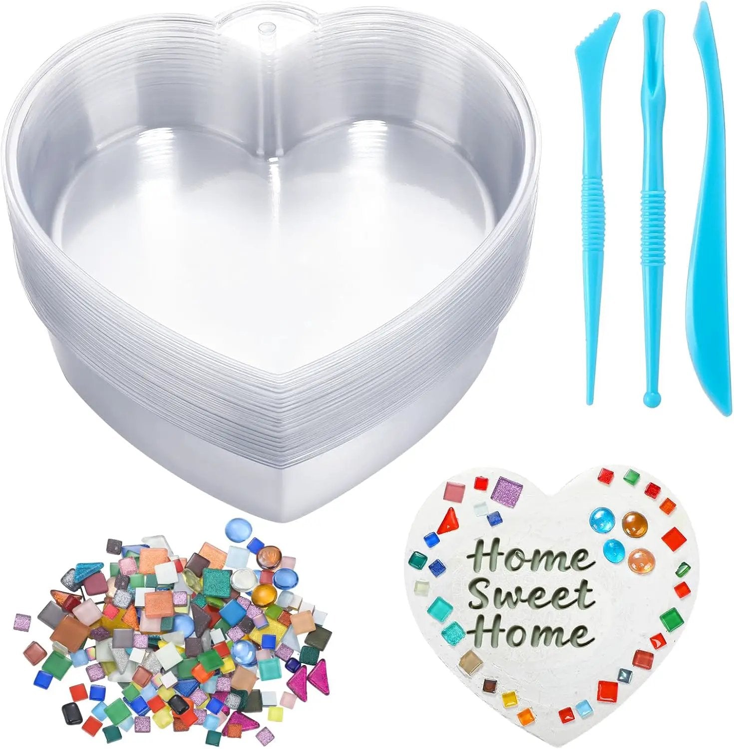 24 Pcs Stepping Stone Kit Includes Concrete Mold, Mosaic Tiles and Carving Tools, DIY Craft Handmade Stepping Stone Kit for Kids, Family, Garden Outdoor Decor, No Concrete Mix(Heart,10 Inch) by GreenHaven Gardens