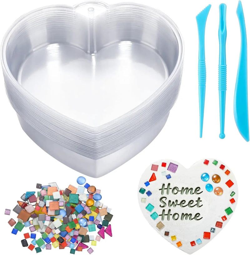 24 Pcs Stepping Stone Kit Includes Concrete Mold, Mosaic Tiles and Carving Tools, DIY Craft Handmade Stepping Stone Kit for Kids, Family, Garden Outdoor Decor, No Concrete Mix(Heart,10 Inch) by GreenHaven Gardens