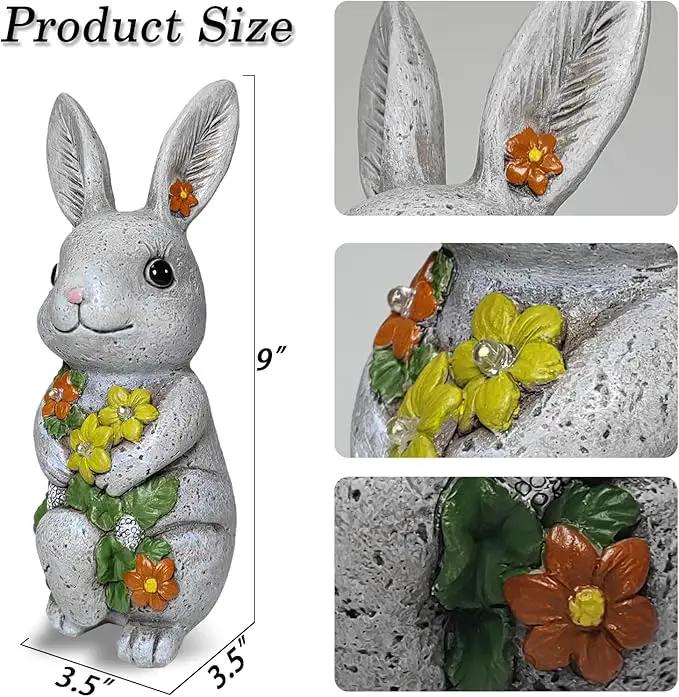Solar Easter Rabbit Statue - Rock-Like Design with Flower Lamp Beads Woman Gifts Resin Easter Bunny Sculpture for Indoor and Outdoor Statue Decor, Garden Decoration by GreenHaven Gardens