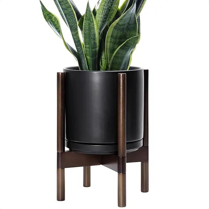 D'vine Dev Ceramic Planter with Walnut Color Stand - 10 Inch Modern Round Flower Pot with Wood Planter Holder, Black, 55-B-X-2 by GreenHaven Gardens