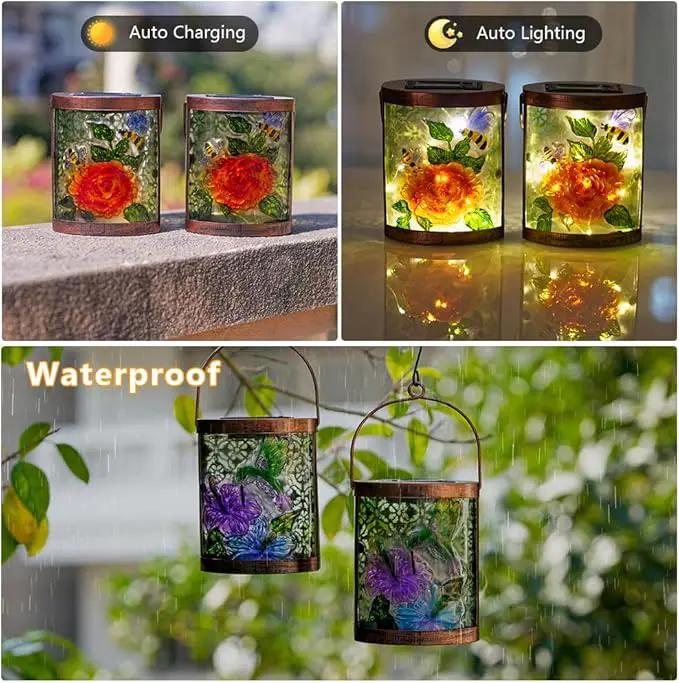 Starsoul 2 Pack Hanging Solar Lantern Outdoor Waterproof Glass Bee and Flowers Decorative Solar Lights for Outside Garden Yard Table Patio Decor by GreenHaven Gardens