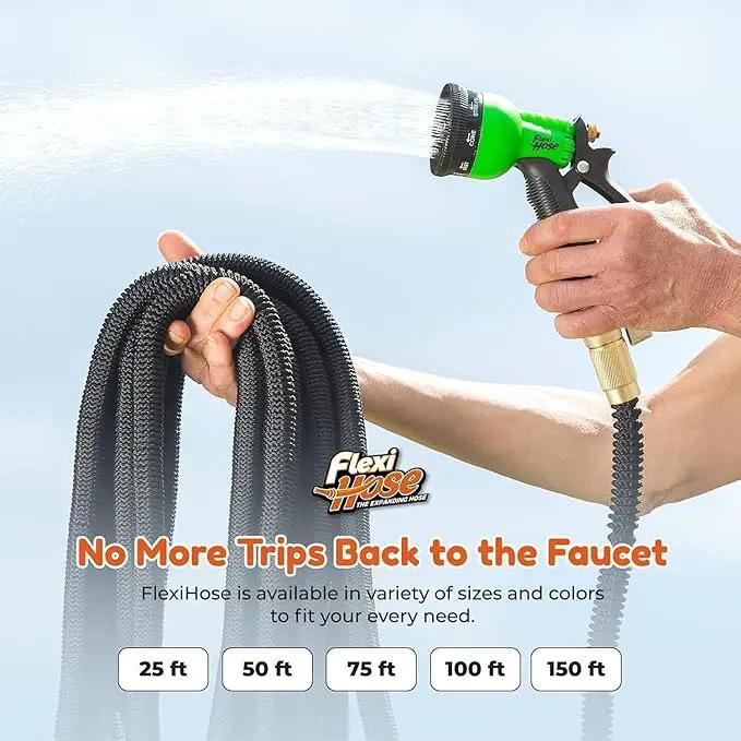 Flexi Hose with 8 Function Nozzle, 50FT - Lightweight Expandable Garden Hose, No-Kink Flexibility, 3/4 Inch Solid Brass Fittings and Double Latex Core by GreenHaven Gardens