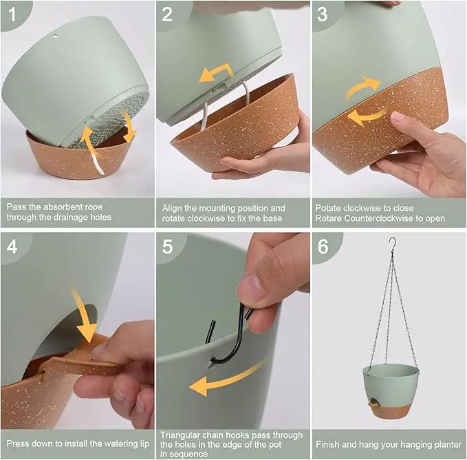 Hanging Planters for Indoor Outdoor Plants, 2 Pack Self Watering Hanging Pot with Drainage Holes & Removable Tray (Green, 6'') by GreenHaven Gardens