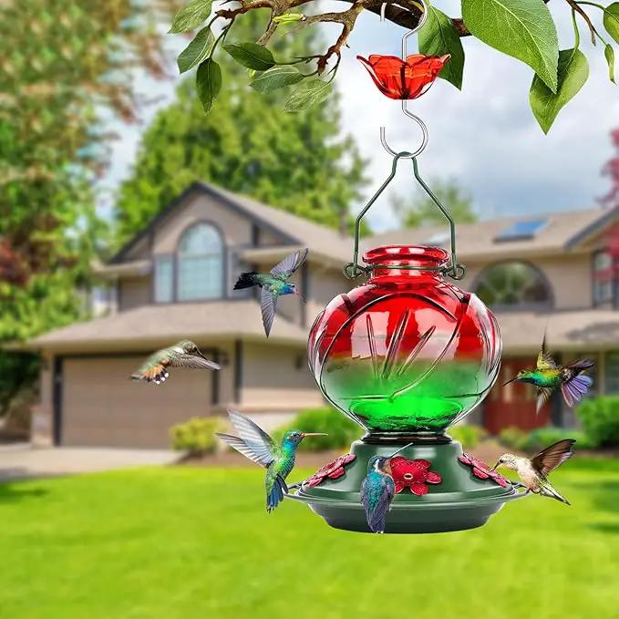 BOLITE Hummingbird Feeder, Glass Hummingbird Feeders for Outdoors Hanging, 22 Ounce, Five Feeding Ports with Perch, Peony Flower Shape, Red and Green, Gifts for Women Men, Gifts for Mom Dad by GreenHaven Gardens