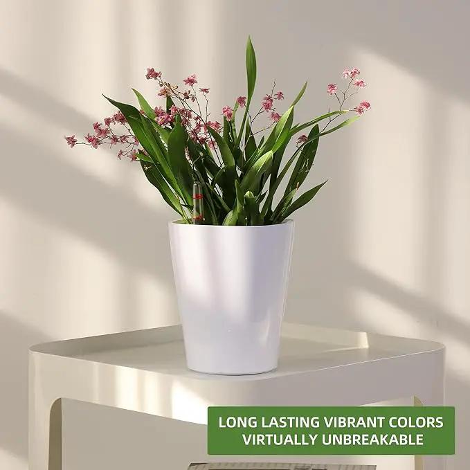 Dexceder 6x7 Self Watering Planter Indoor Outdoor, High Gloss Table Flower Plant Pot with Water Level Indicator (White) by GreenHaven Gardens
