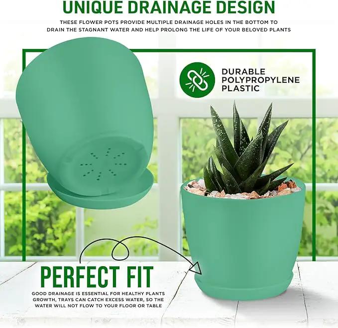 Planter Pots with Drainage Holes - Lightweight, Durable, & Space-Saving Pots for Indoor and Outdoor - Versatile Functionality, Simple Modern Design, Set of 10 Plastic Planter Pots Mint by GreenHaven Gardens