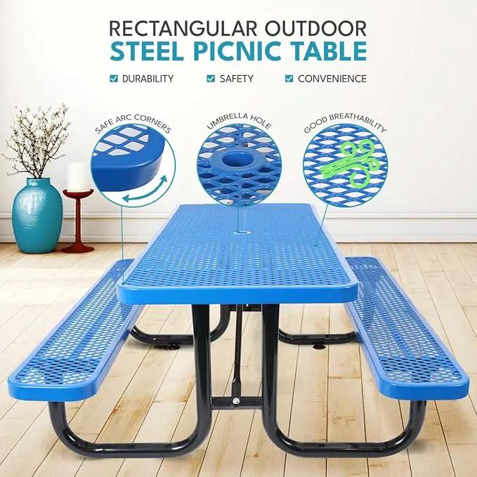 6 ft. Rectangular Outdoor Steel Picnic Table with Umbrella Pole, Heavy-Duty Weather-Resistant Dining Table for Patio, Backyard, and Garden, Rust-Resistant Finish, Blue by GreenHaven Gardens