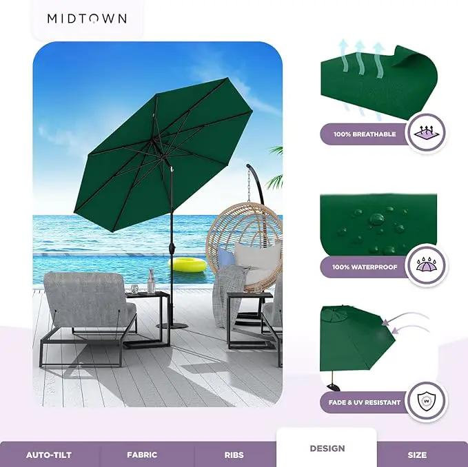 Midtown Umbrellas Sunbrella Umbrella 8 Feet Outdoor Umbrella With Sunbrella Forest Green Acrylic Fabric - Auto-Tilt Aluminum Frame Patio Umbrella For Backyard, Deck, Garden, Pool - Black Pole by GreenHaven Gardens