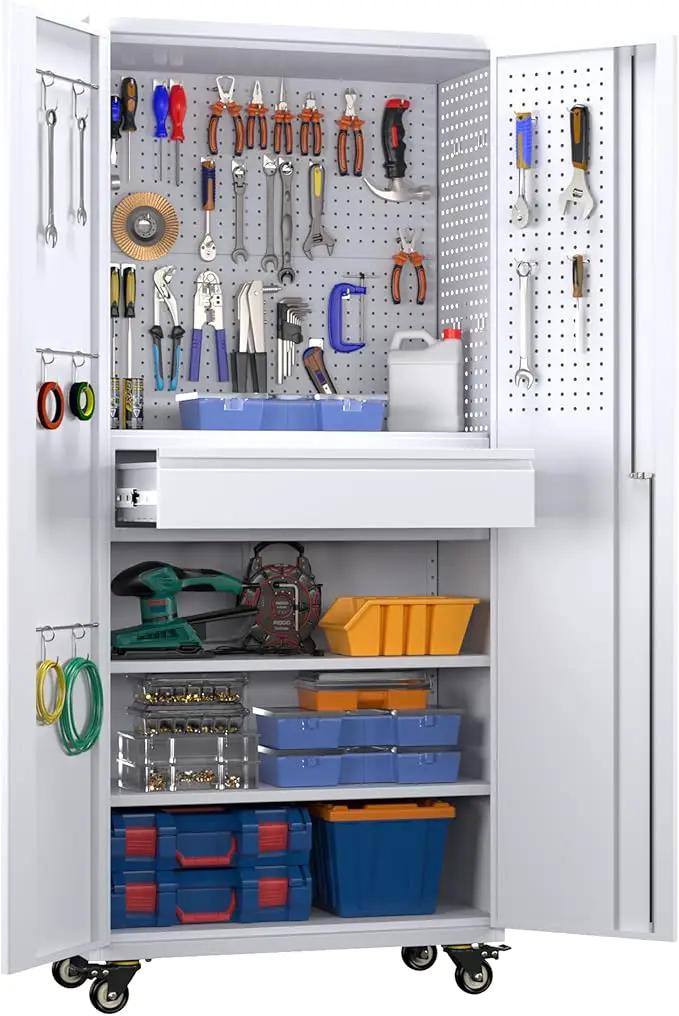 Metal Garage Cabinet with Wheels,71''H Rolling Lockable Steel Tool Cabinet with Pegboard & Drawer for Garage,Home,Office Assembly Required,White by GreenHaven Gardens