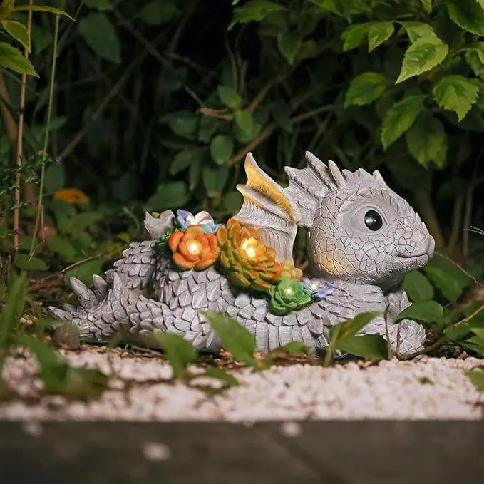 Garden Dragon Statue Outdoor Decor, Dragon Garden Sculpture Waterproof Solar LED Lights Resin Succulent Decorations for Outside Lawn Patio Patio Yard Ornament Gifts by GreenHaven Gardens