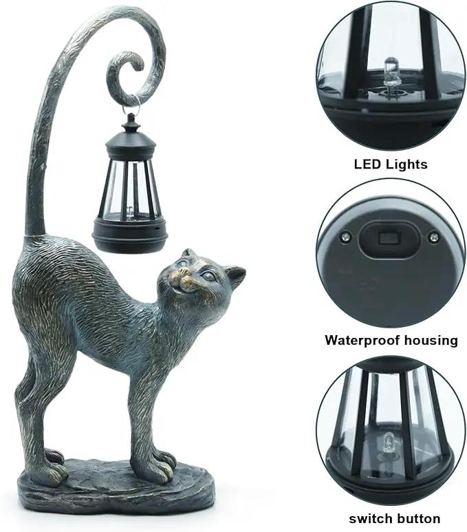 Resin Cat Statue with Solar Lantern, Eye-catching Garden Sculpture Decor，15.3" Height Outdoor Figurine for Garden Yard Patio Decorations，Birthday Gifts by GreenHaven Gardens