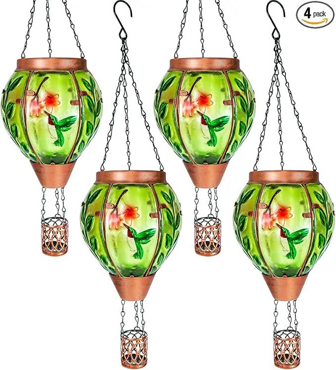 4 Pack Solar Hot Air Balloon Lantern with Flame，Hummingbird Outdoor Solar Lanterns for Outside Garden Yard Farmhouse Patio Pathway Decoration, Hummingbird Gifts for Women Grandma Mom - Hummingbird by GreenHaven Gardens
