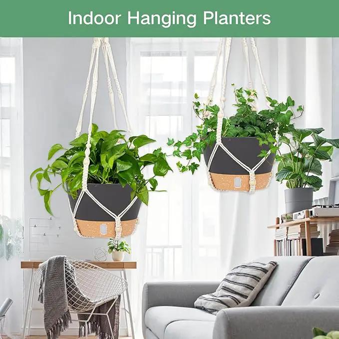 QCQHDU 2 Pack Hanging Planters for Indoor Plants, Outdoor Hanging Baskets, Self Watering Pots with Drainage Holes & Removable Tray (Dark Grey, 8 inch, Macrame Hanger) by GreenHaven Gardens