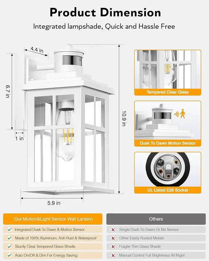 White Motion Sensor Light Outdoor, 2 Pack Dusk to Dawn Outside Lights for House, Anti-Rust Exterior Light Fixture, Waterproof Porch Light for House, Garage, Balcony, Weather Resistant by GreenHaven Gardens