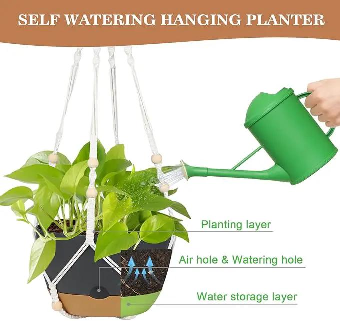 3 Pack Hanging Planters Set, 10 + 10 + 8 Inch Self-Watering Hanging Plant Pot, Macrame Plant Hanger with Pot, Ceiling Hooks, Removable Saucer and Drainage Holes for Indoor, Outdoor Plants - Black by GreenHaven Gardens