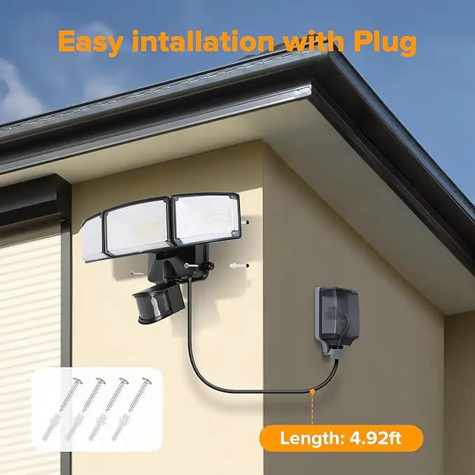 LUTEC 49W Motion Sensor Outdoor Lights, 5500 LM Plug in Flood Light Outdoor, Dusk to Dawn, IP65 Waterproof Security Lighting, 5000K Daylight, Adjustable Wall-Mounted for Garage, Yard, Porch (Black) by GreenHaven Gardens