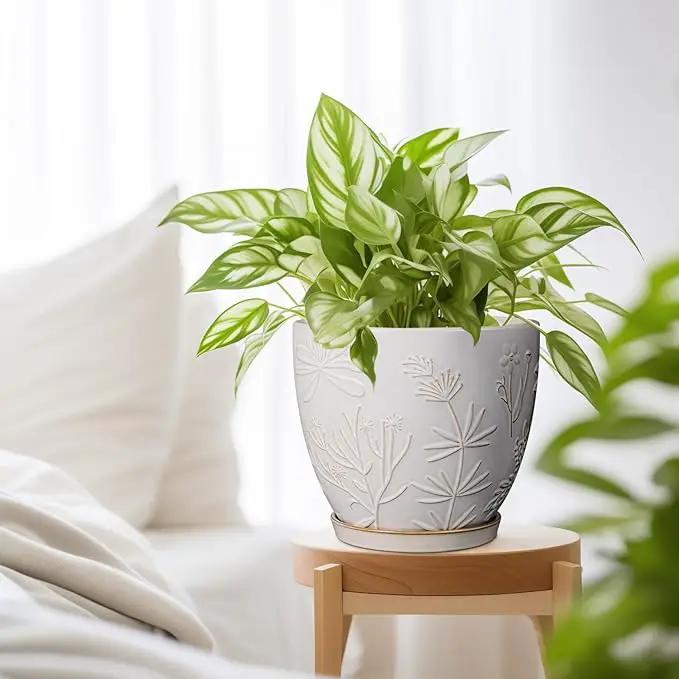 8 Inch Ceramic Pots for Plants Large Planter Pot with Drainage Hole and Saucer Round Flower Pot for Indoor Outdoor Decor, White by GreenHaven Gardens