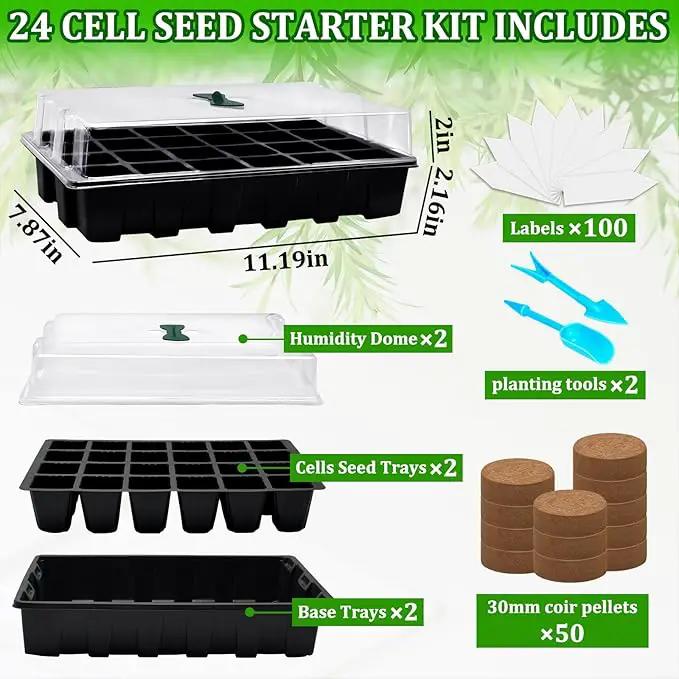 Halatool Seed Starter Kit, 2 Pack Seed Starter Trays with 50 Pcs Coco pellets and 2 Garden Tools & 100 Plant Labels, Greenhouse Indoor Seed Germination System for Herbs, Vegetables and Flowers (Black) by GreenHaven Gardens