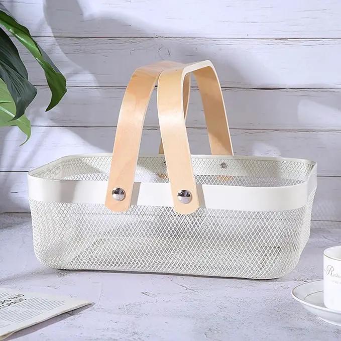 Metal Mesh Steel Basket, Storage Organizer Basket Garden Harvest Basket Multi-functional Kitchen Fruit Baskets Bin with Wooden Handle for Bathroom Picnic Shopping Decor Cabinet Home, White by GreenHaven Gardens