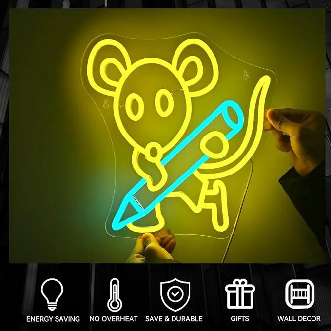Pencil Mouse Neon Sign Yellow Led Neon Signs Classroom Neon Lights for Wall Decor Dimmable Light Up Sign for Classroom Bookstore Library Bookish Museum Teen Gifts (USB Powered 5V/2A) by GreenHaven Gardens