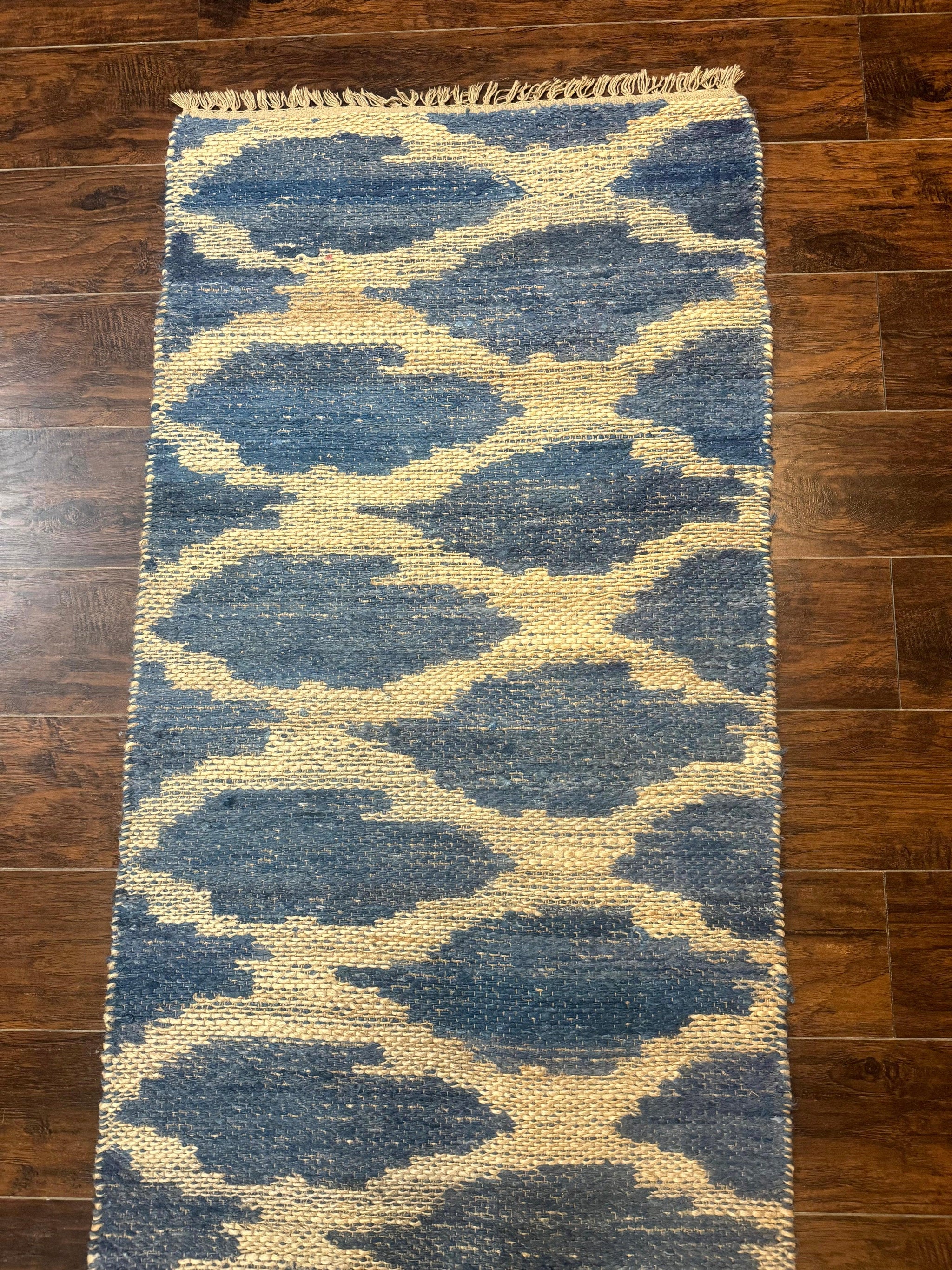Modern Jute Runner Rug 2.9 x 7.9, Beige and Blue, Handwoven, Kaleen Rug by Jewel Rugs