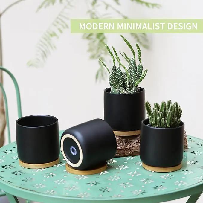 4 Inch Ceramic Plant Pots with Drainage Holes and Trays, Adorable Small Cylinder Flower Planter Pot for Indoor Plants, Succulent, Snake Plants, Cactus & Herbs, Black, Set of 4 by GreenHaven Gardens