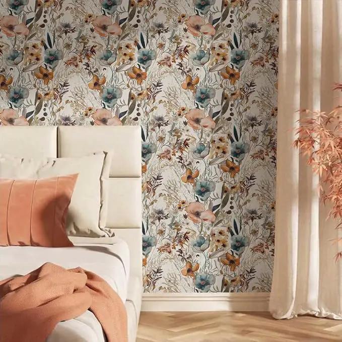 Boho Flowers Brown Leaf Plants Botanical Peel and Stick Wallpaper Self Adhesive Removable Easy Peel Off Stick on Wall Paper for Bedroom Cabinet Renter Friendly by GreenHaven Gardens