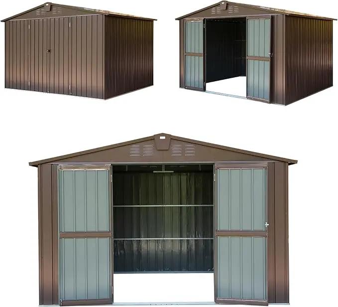 Domi Outdoor 10' x 8' Storage Shed, Metal Steel Utility Tool Shed Storage House with Double Lockable Doors & Air Vents for Backyard Patio Garden Lawn Brown by GreenHaven Gardens