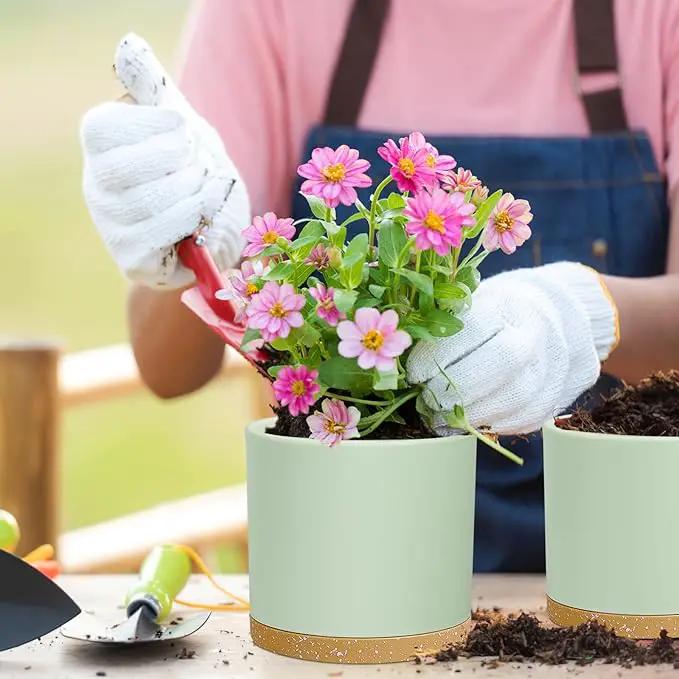 8/7/6 inch Plant Pots, 3 Pack Cylinder Flower Pots for Outdoor Indoor Plants, Decorative Plastic Planters with Drainage Holes and Saucers for Garden House Plants, Green with Brown by GreenHaven Gardens