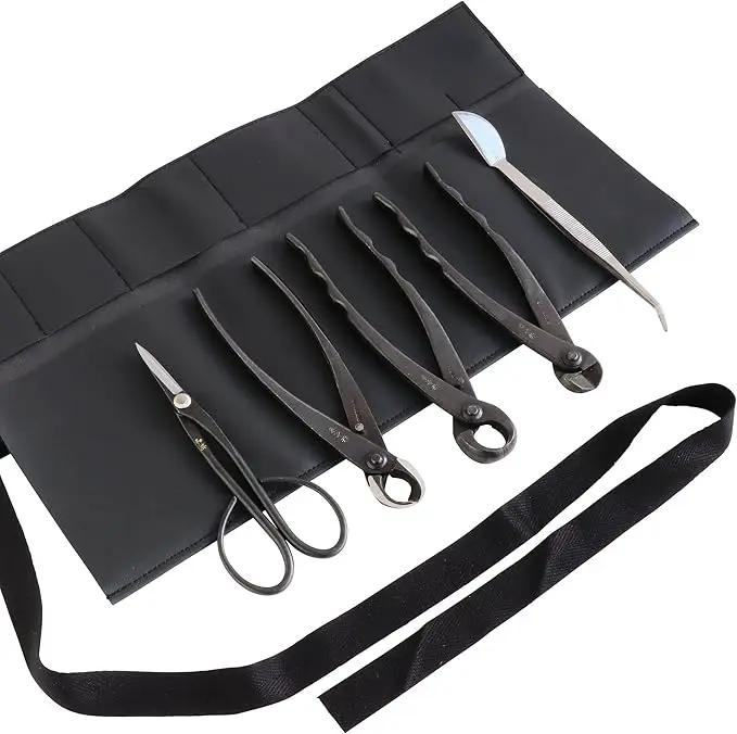 Wazakura Made in Japan 5PCS Bonsai Tool Kit with Roll Bag: Yasugi Steel Satsuki Bonsai Scissors, Concave Branch Cutter, Knob Cutter, Wire Cutter, Tweezers - 5 Tools Satsuki Set with Case by GreenHaven Gardens