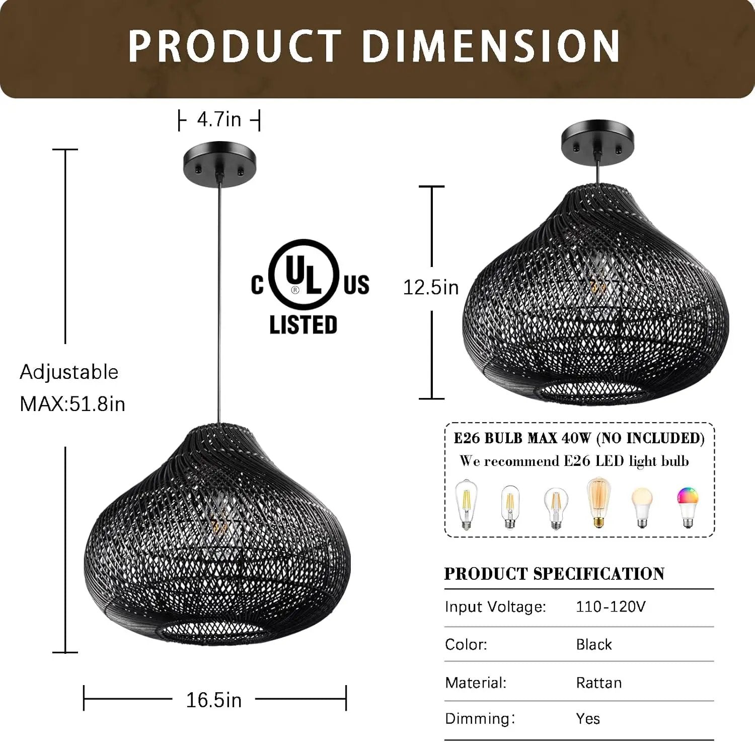 Karjear Black Rattan Chandelier, 16.5 inch Large Wicker Pendant Lights Fixture Hand-Woven Basket Hanging Light for Dining Room Kitchen Island Living Room by GreenHaven Gardens